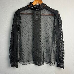 NOTEBUK Black Lace Mock Neck Polka Dot‎ Sheer Grunge Whimsigoth EMO Top Size S